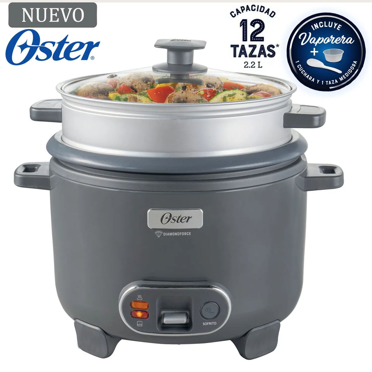 OSTER - Olla Arrocera Oster 15 Tazas 3 en 1 Función de Sofrito Vaporera Gris
