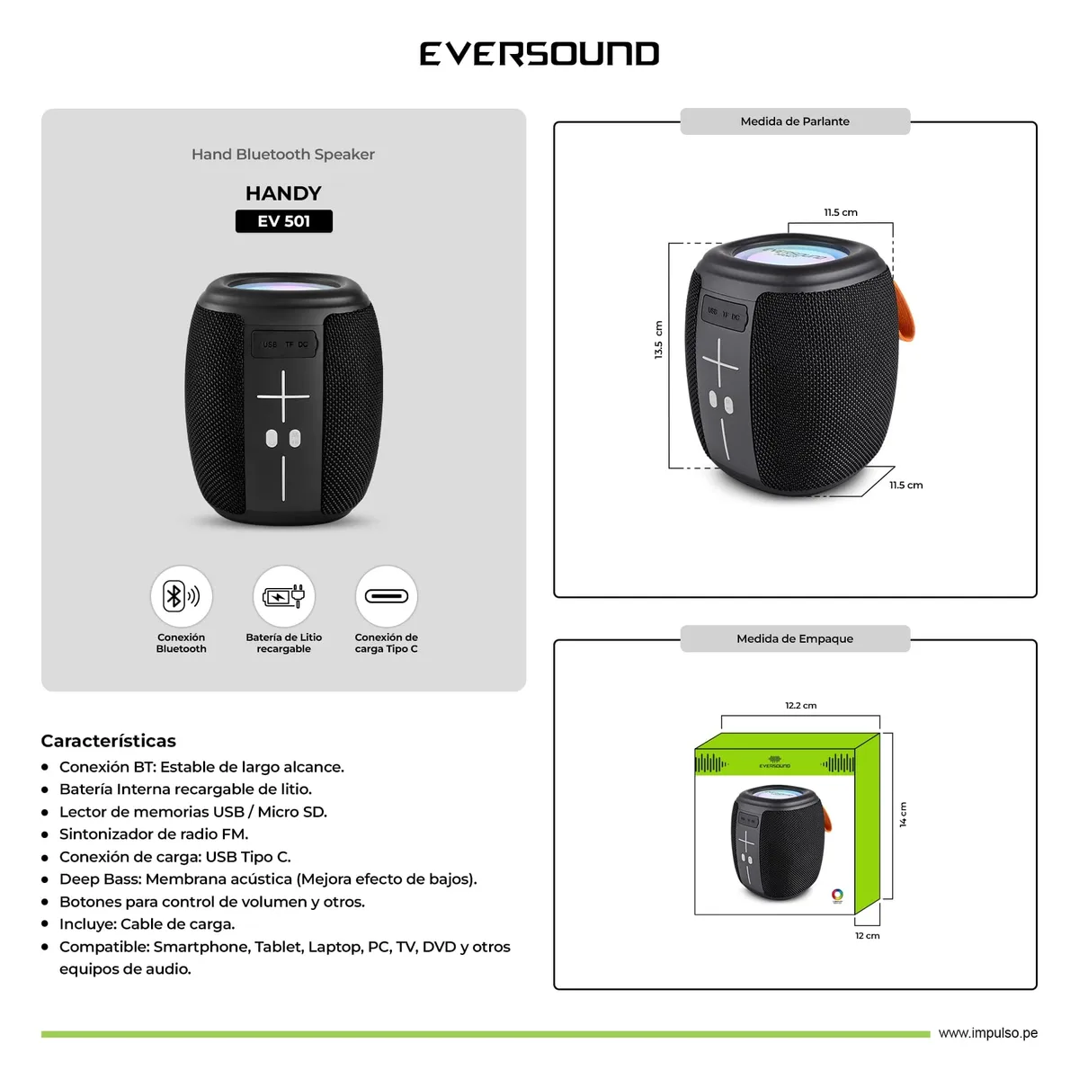 EVERSOUND - Parlante portátil BT Eversound Handy EV501