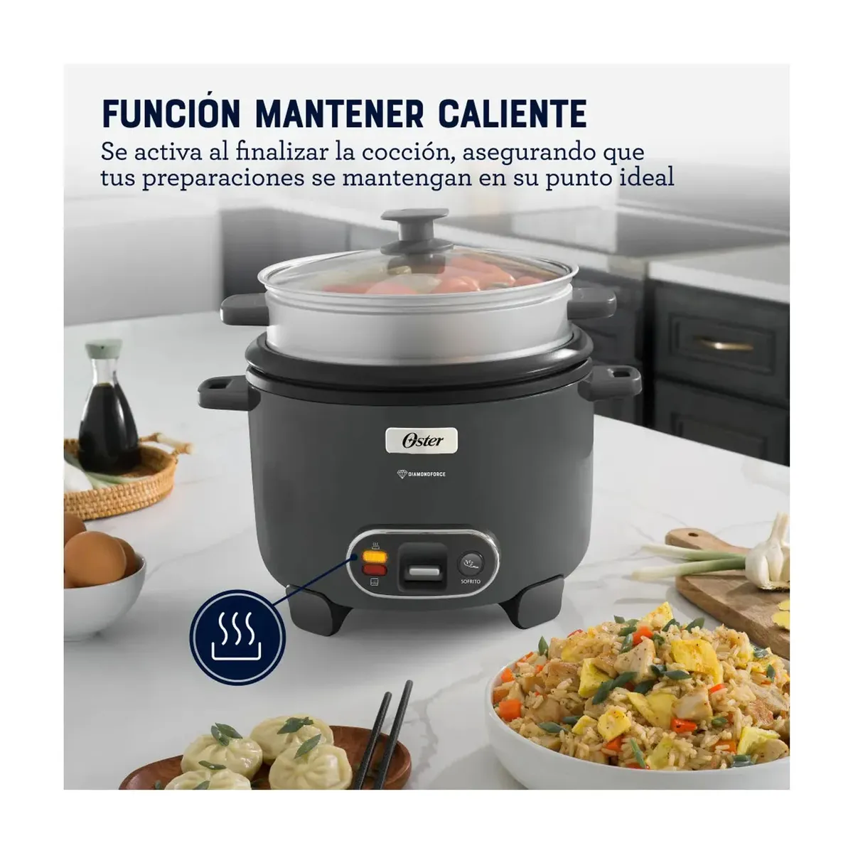 OSTER - Olla Arrocera Oster 15 Tazas 3 en 1 Función de Sofrito Vaporera Gris