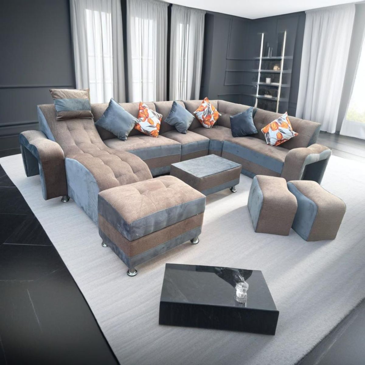 GENERICO - Sofa VIP Seccional 9 piezas - Dos Tonos Camel con Plata