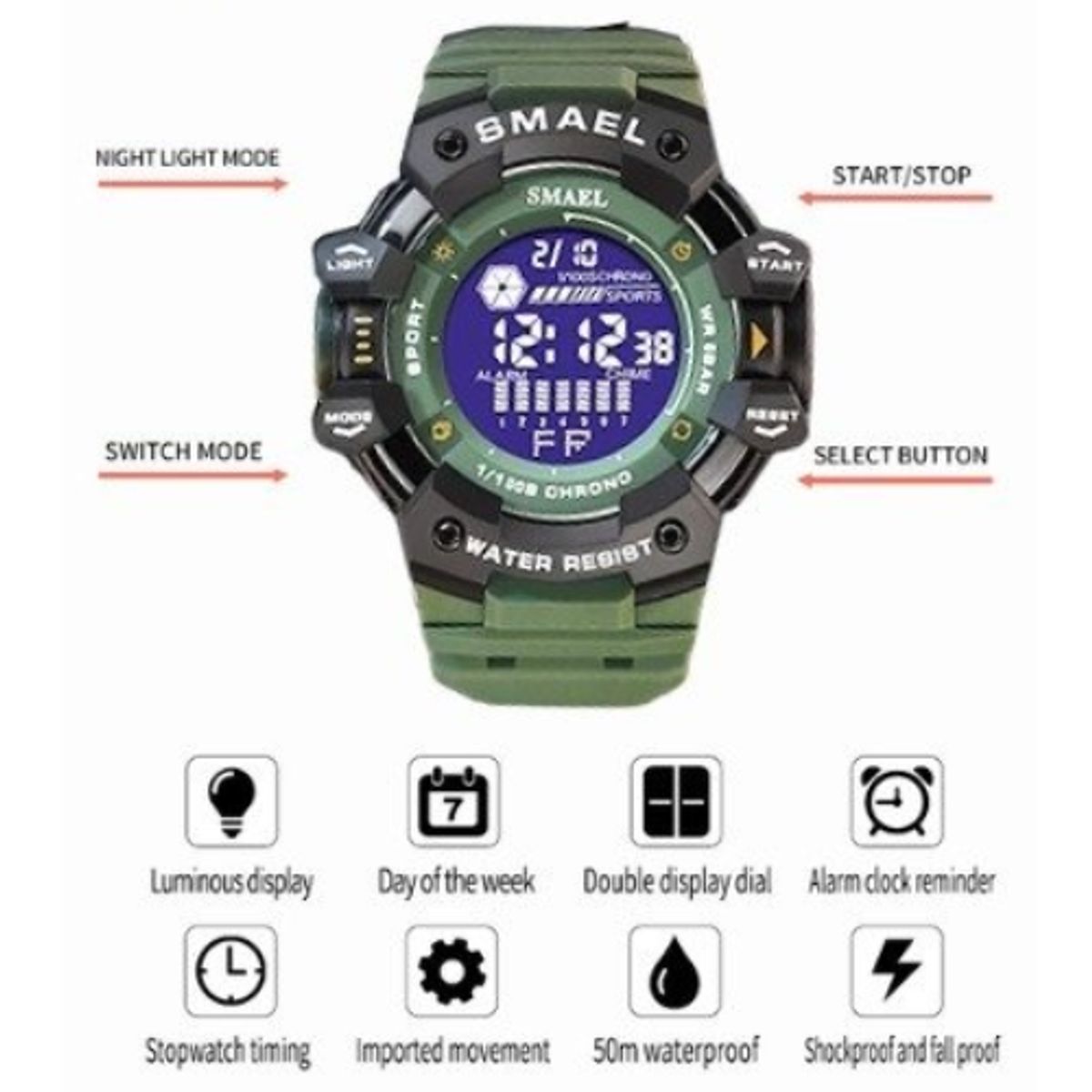 SMAEL - Reloj Deportivo Digital Smael resistente al agua 8050