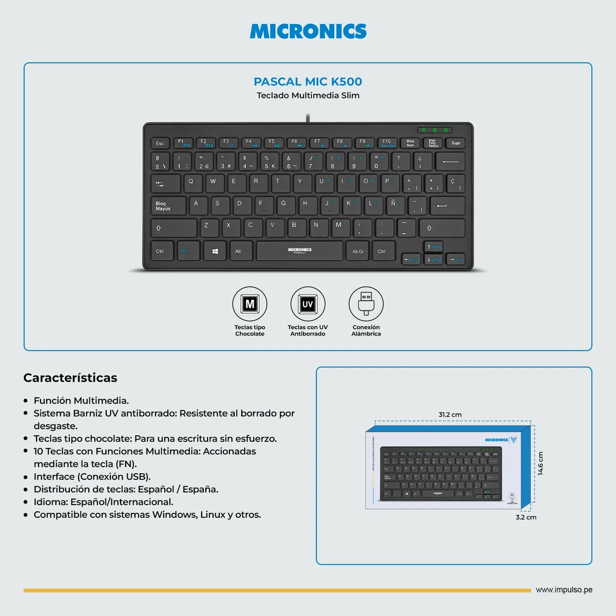 MICRONICS - Teclado Multimedia Slim Funda Protectora Micronics Pascal MIC K500+