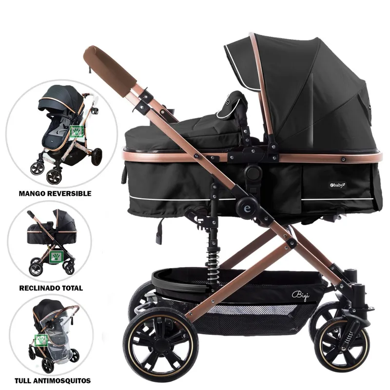 EBABY - Coche Moises para Bebe Bigi con Mango Reversible Negro
