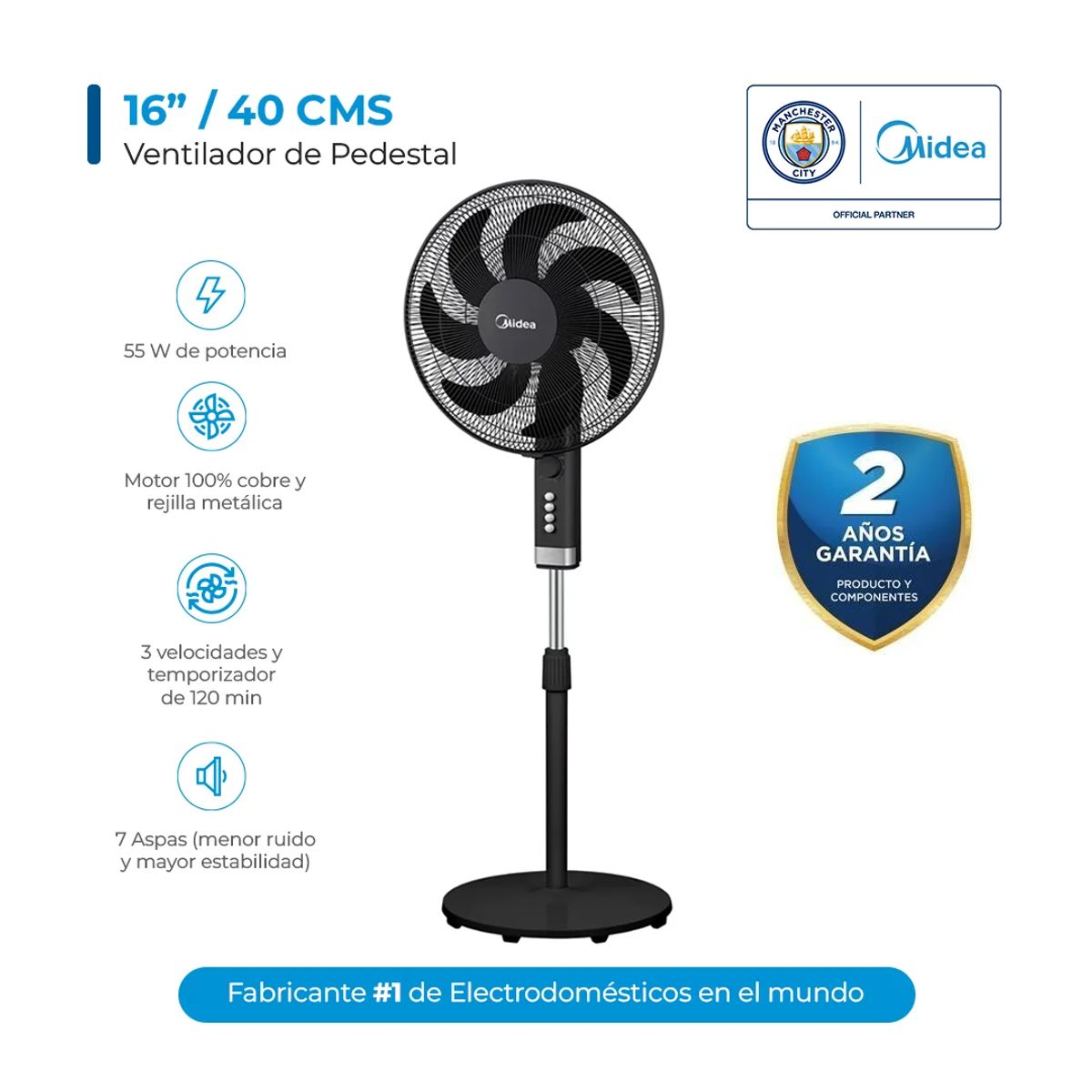 MIDEA - Ventilador de pedestal Negro Midea MFA164MB-PE