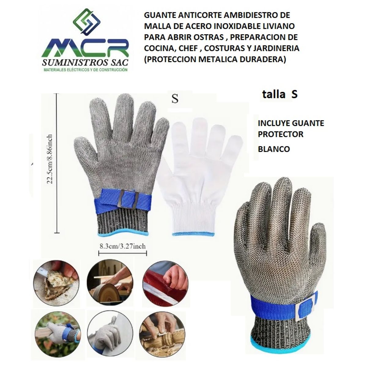 GENERICO - Guante antiCorte Malla de Acero Inox liviano S Carnicero Cocina Costura Jardiner