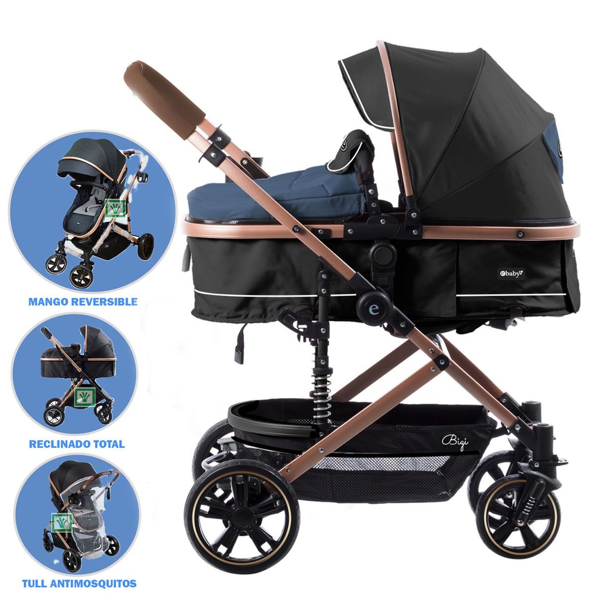 EBABY - Coche Moises para Bebe Bigi con Mango Reversible Azul