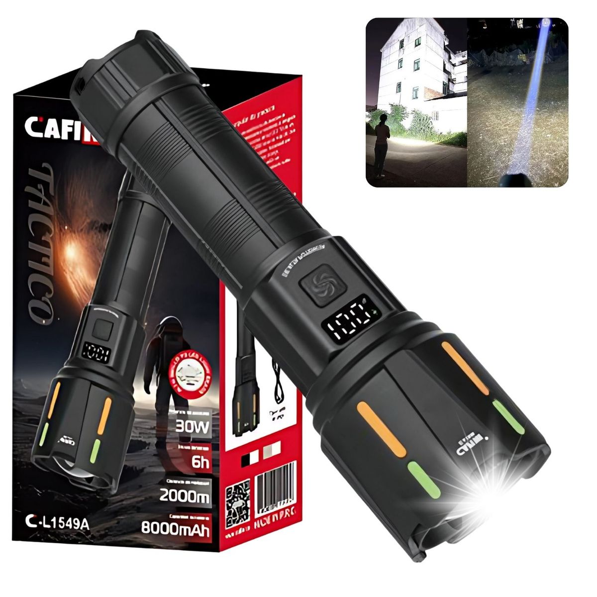 CAFINI - Linterna Táctica Cafini con Pantalla 2000M y 5 Modos de Luz-Gris