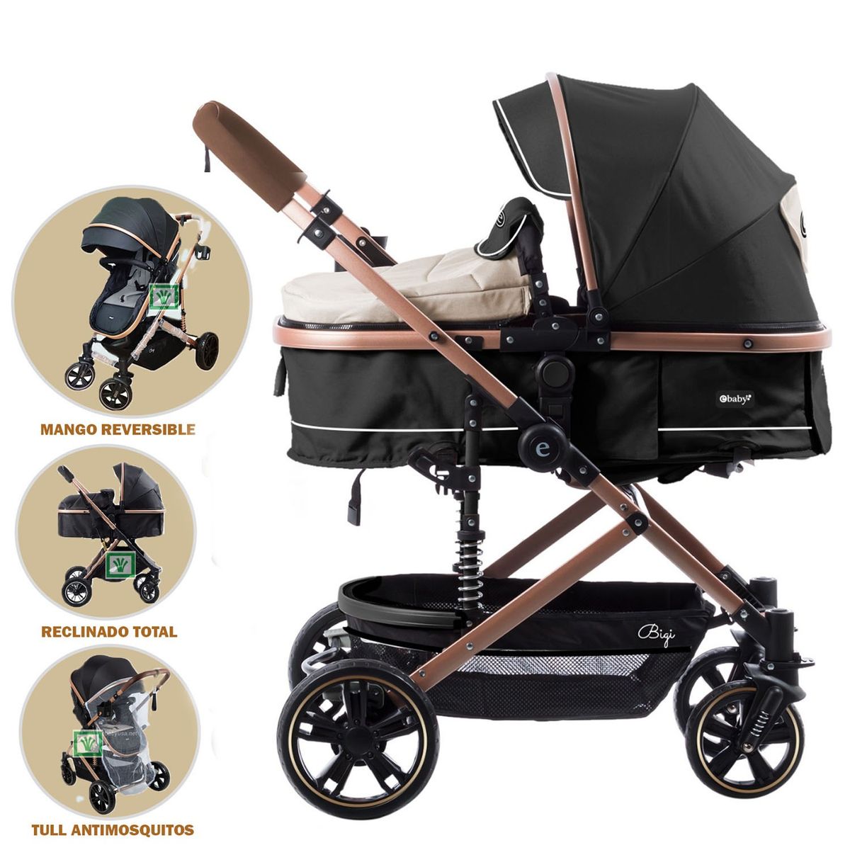 EBABY - Coche Moises para Bebe Bigi con Mango Reversible Beige