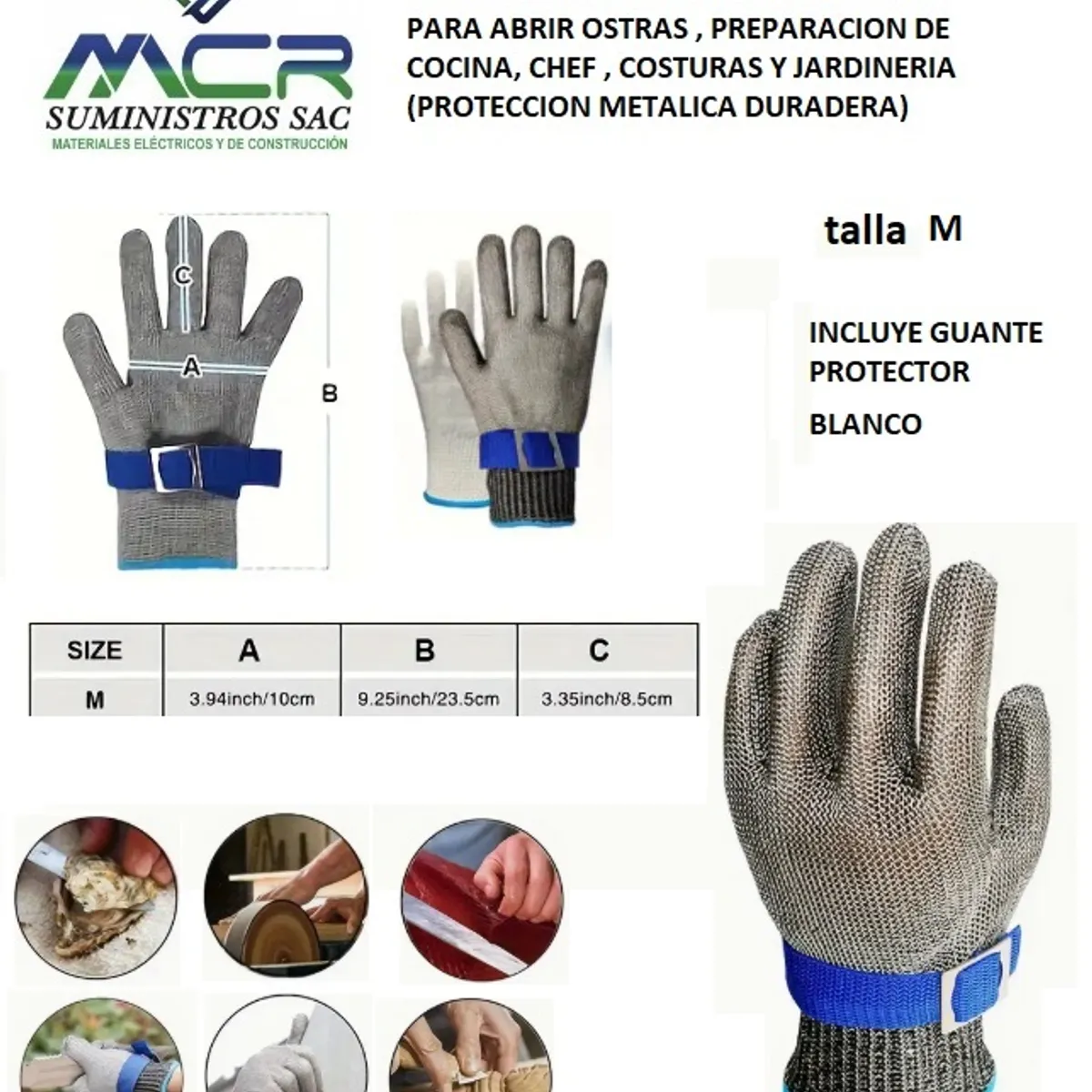 GENERICO - Guante antiCorte Malla de Acero Inox liviano M Carnicero Cocina Costura Jardiner