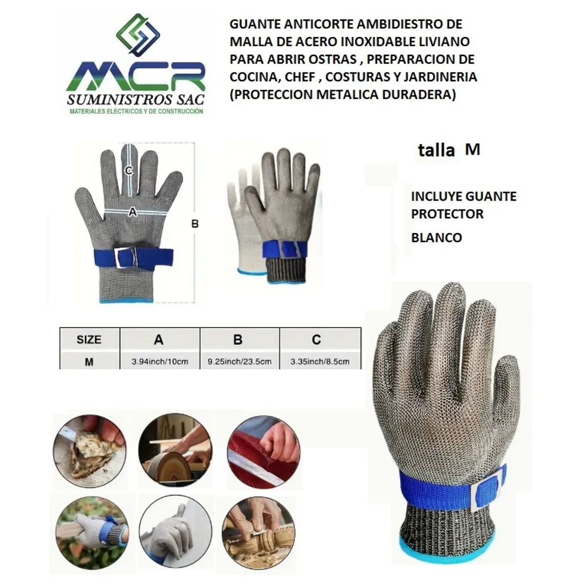 GENERICO - Guante antiCorte Malla de Acero Inox liviano M Carnicero Cocina Costura Jardiner