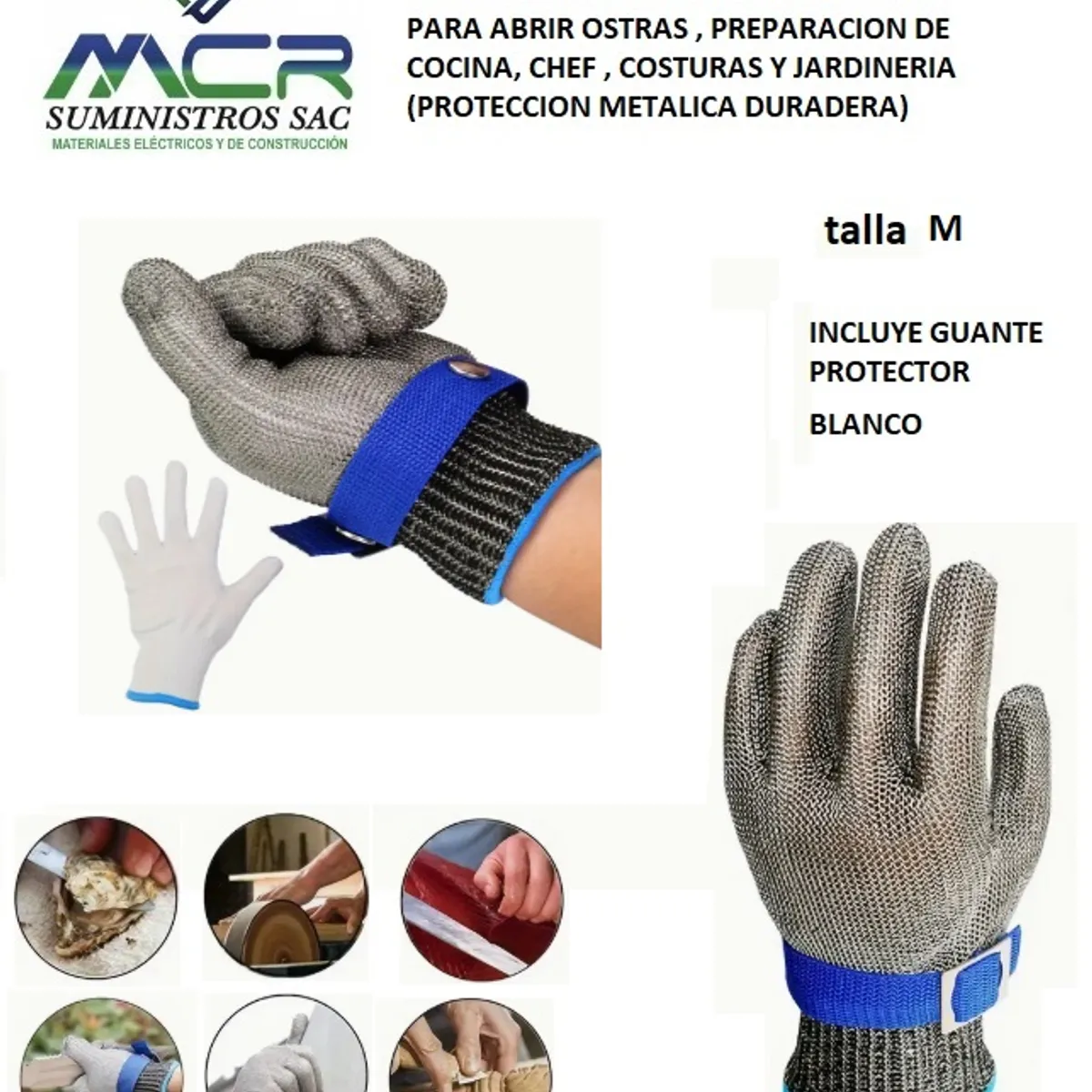 GENERICO - Guante antiCorte Malla de Acero Inox liviano M Carnicero Cocina Costura Jardiner