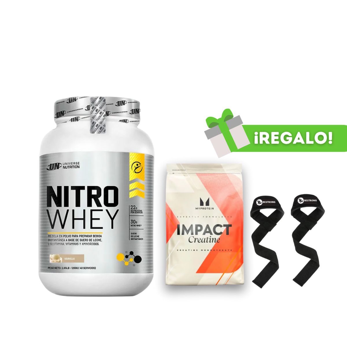 UNIVERSE NUTRITION - PROTEÍNA NITRO WHEY 1 KG VAINILLA + CREATINA MYPROTEIN 250G + STRAPS