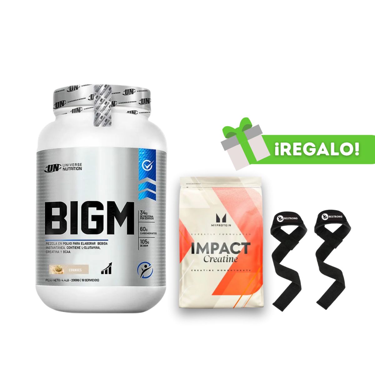 UNIVERSE NUTRITION - PROTEÍNA BIGM 2KG COOKIES+ CREATINA MYPROTEIN 250G + STRAPS