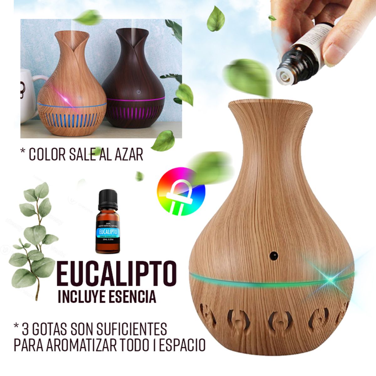 GENERICO - Humidificador Led Purificador con Esencia de Eucalipto aromaterapia