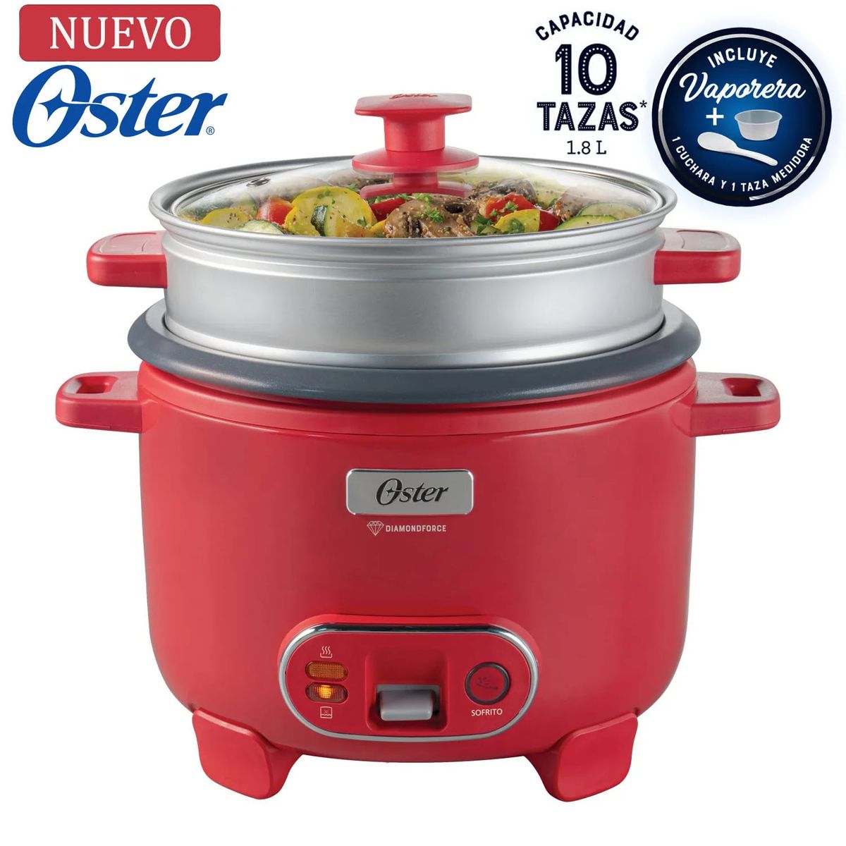 OSTER - Olla Arrocera Oster 1.8L 3 en 1 Función de Sofrito Vaporera Rojo
