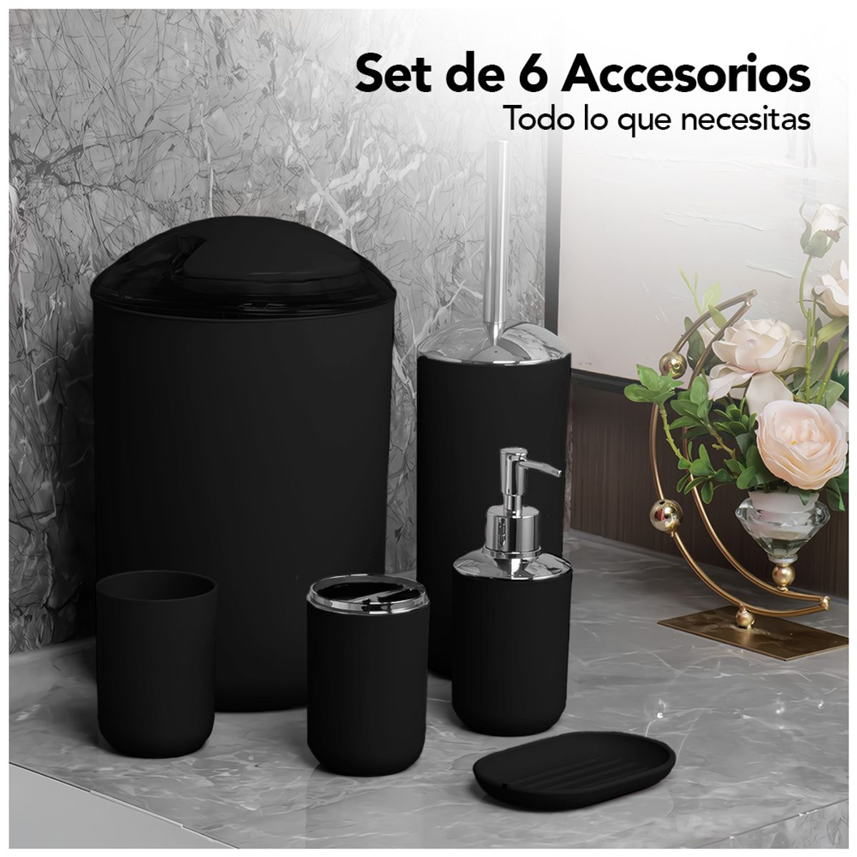 KELLER - Kit de 6 Accesorios de Baño Elegante Negro C25