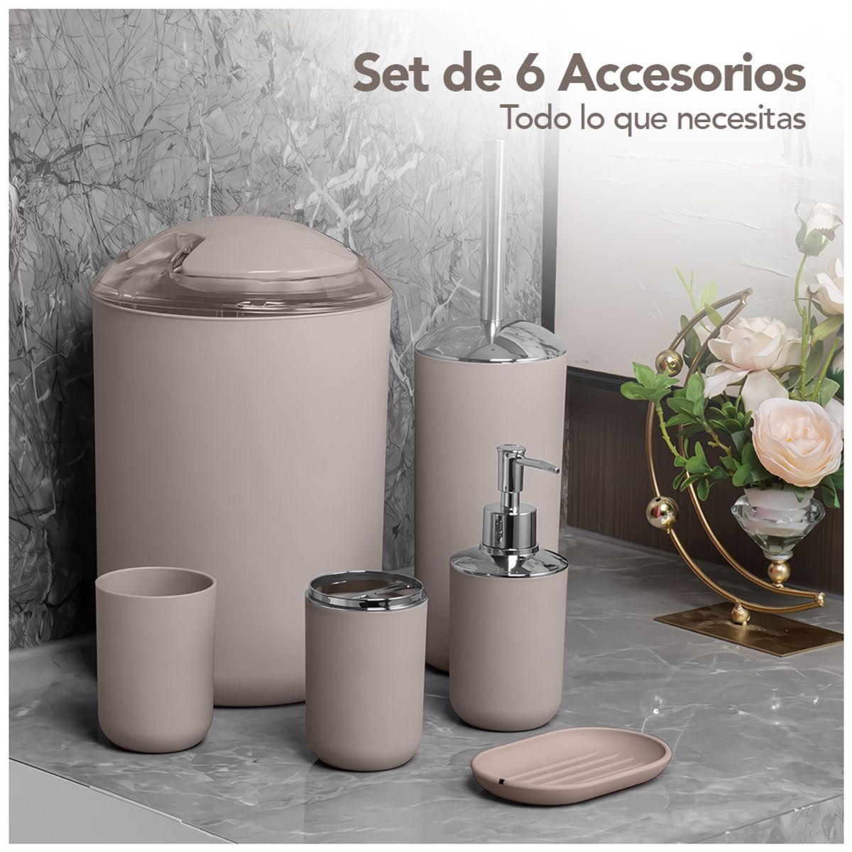 KELLER - Kit de 6 Accesorios de Baño Elegante Camel C25