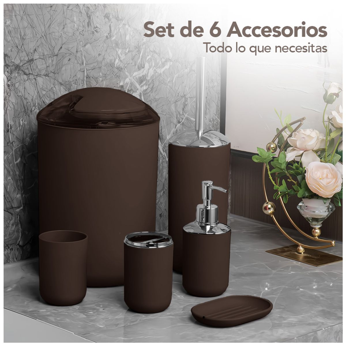 KELLER - Kit de 6 Accesorios de Baño Elegante Marrón C25