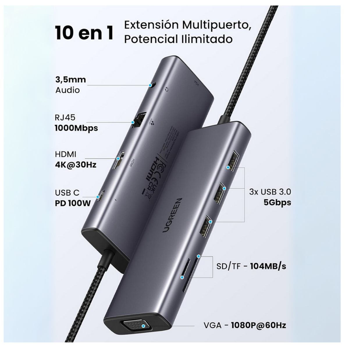 UGREEN - Adaptador Hub Tipo C Ugreen 10 En 1 4K Multifuncional Macbook Laptop