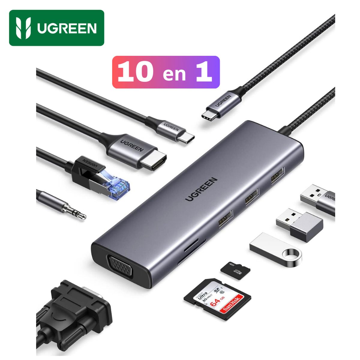 UGREEN - Adaptador Ugreen Hub 10 En 1 RJ45 HDMI 4k VGA Macbook Laptop Notebook