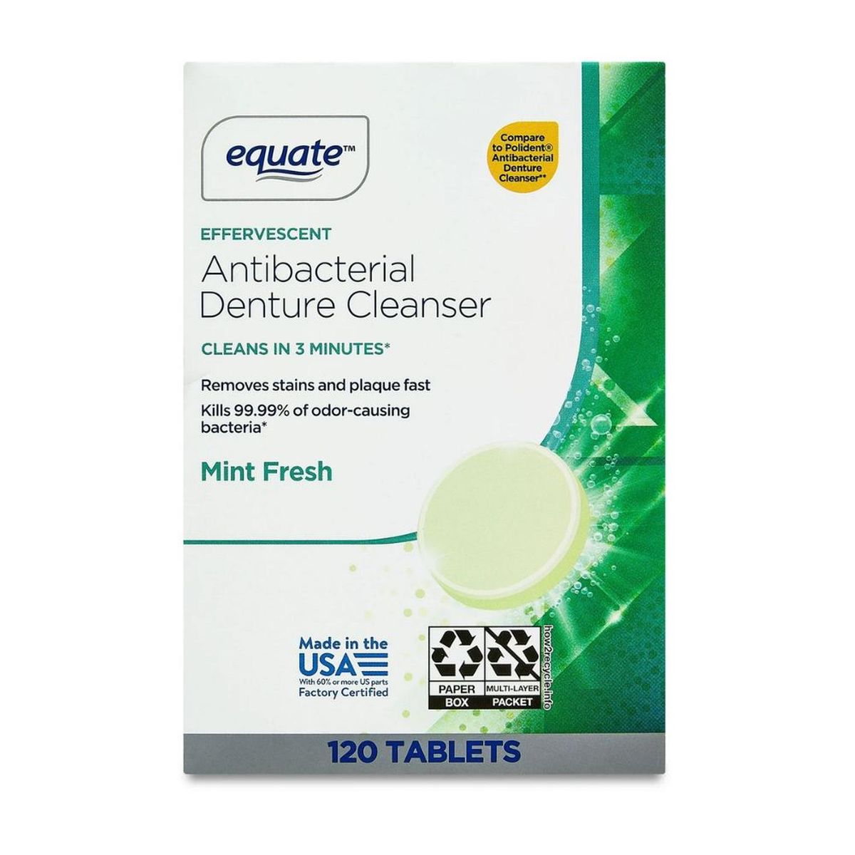 EQUATE - Limpiador Antibacteriano Efervescentes para dentaduras postizas Sabor Menta - 120 und