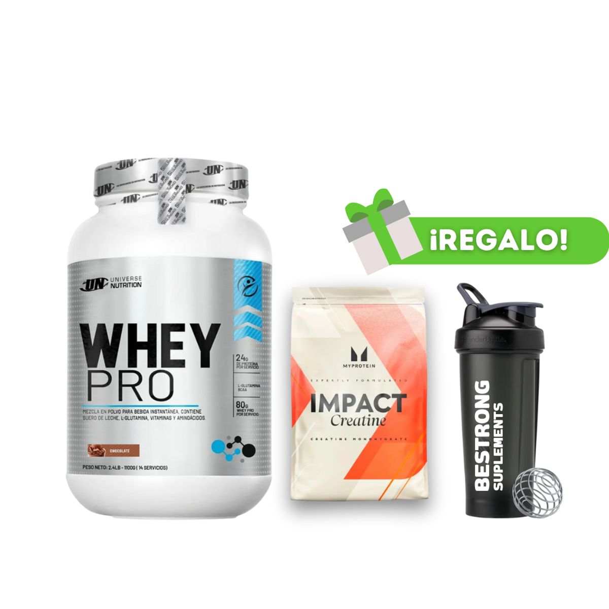 UNIVERSE NUTRITION - PROTEÍNA WHEY PRO 1.1 KG CHOCO+ CREATINA MYPROTEIN 250G + SHAKER