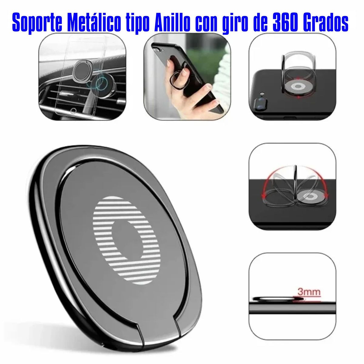 GENERICO - Pack 2 Anillo Soporte Metálico Giratorio Adhesivo para Celulares