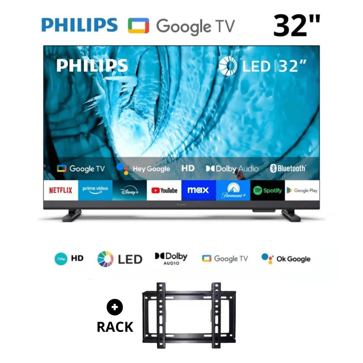 PHILIPS - Televisor Smart PHILIPS HD 32 Google TV 32PHD6909 + rack