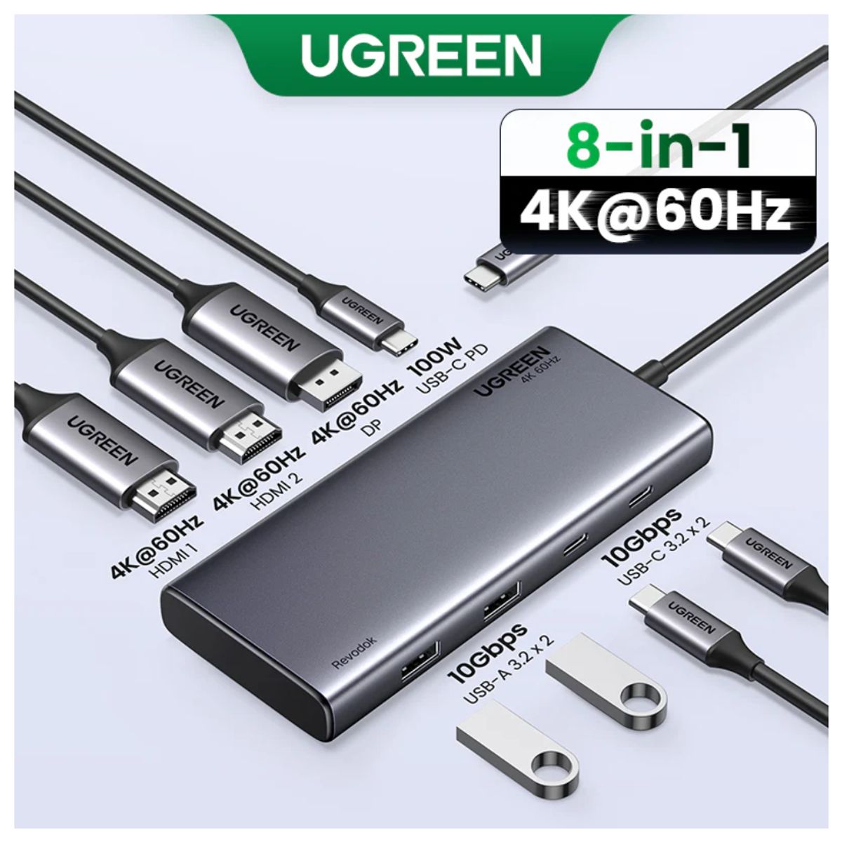UGREEN - Adaptador UGREEN HUB Revodok 8 EN 1 HDMI DP 4K 60HZ USB TIPO-C