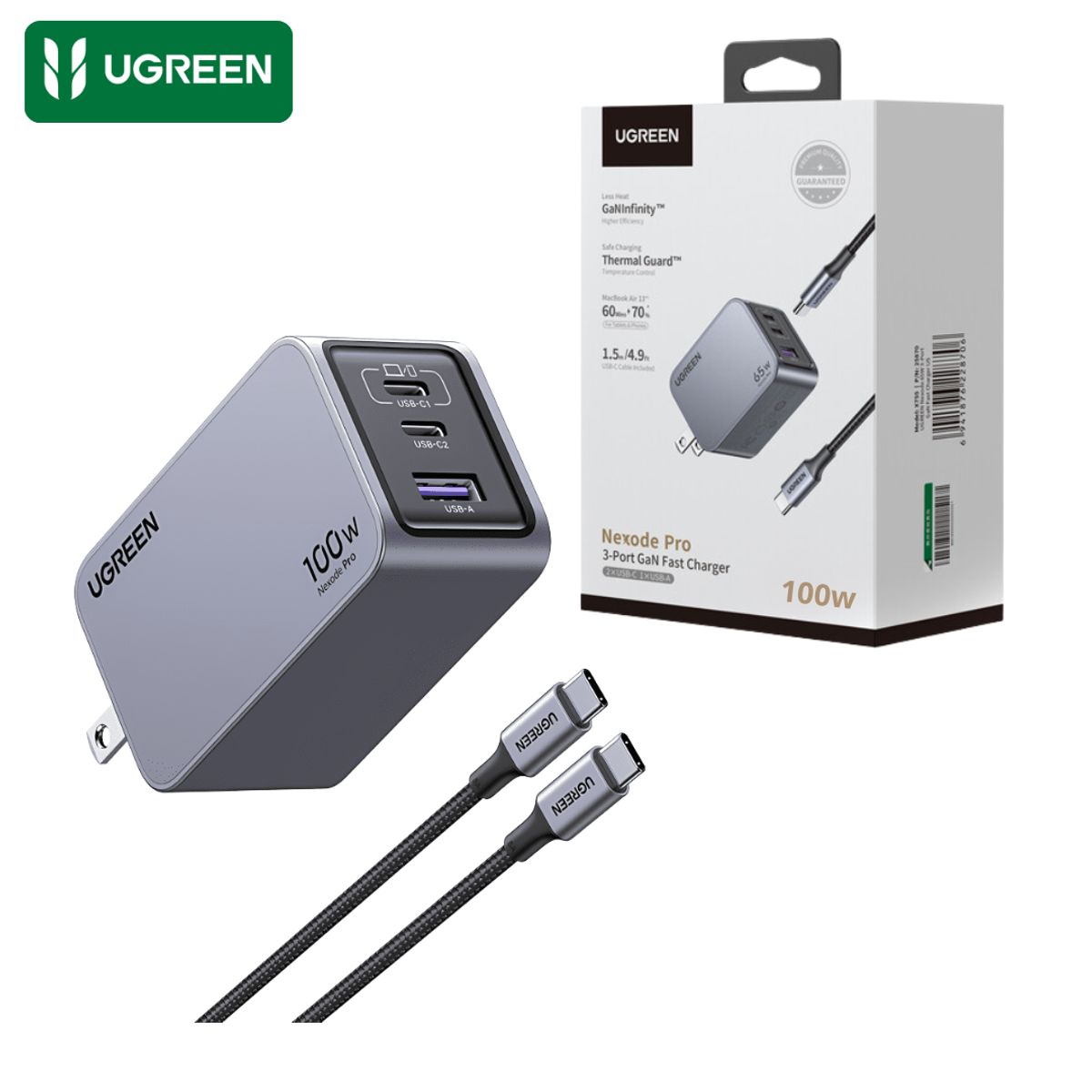 UGREEN - Cargador UGREEN Carga Rapida 100W USB 2 Type C  1 USB MacBook Laptop