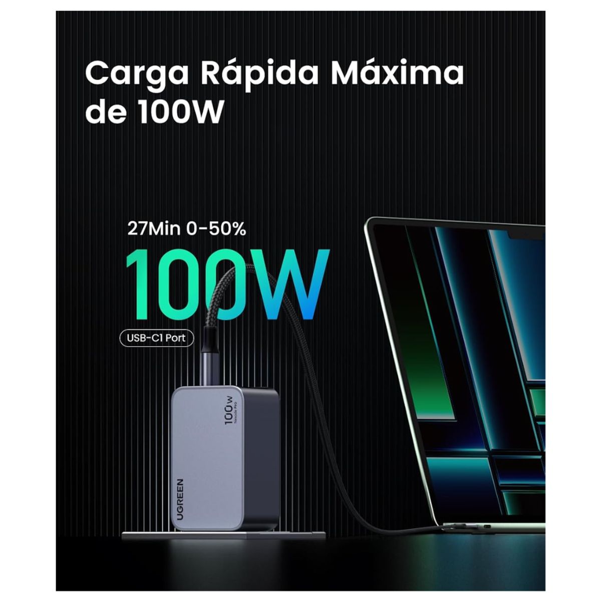 UGREEN - Cargador UGREEN Carga Rapida 100W USB 2 Type C  1 USB MacBook Laptop