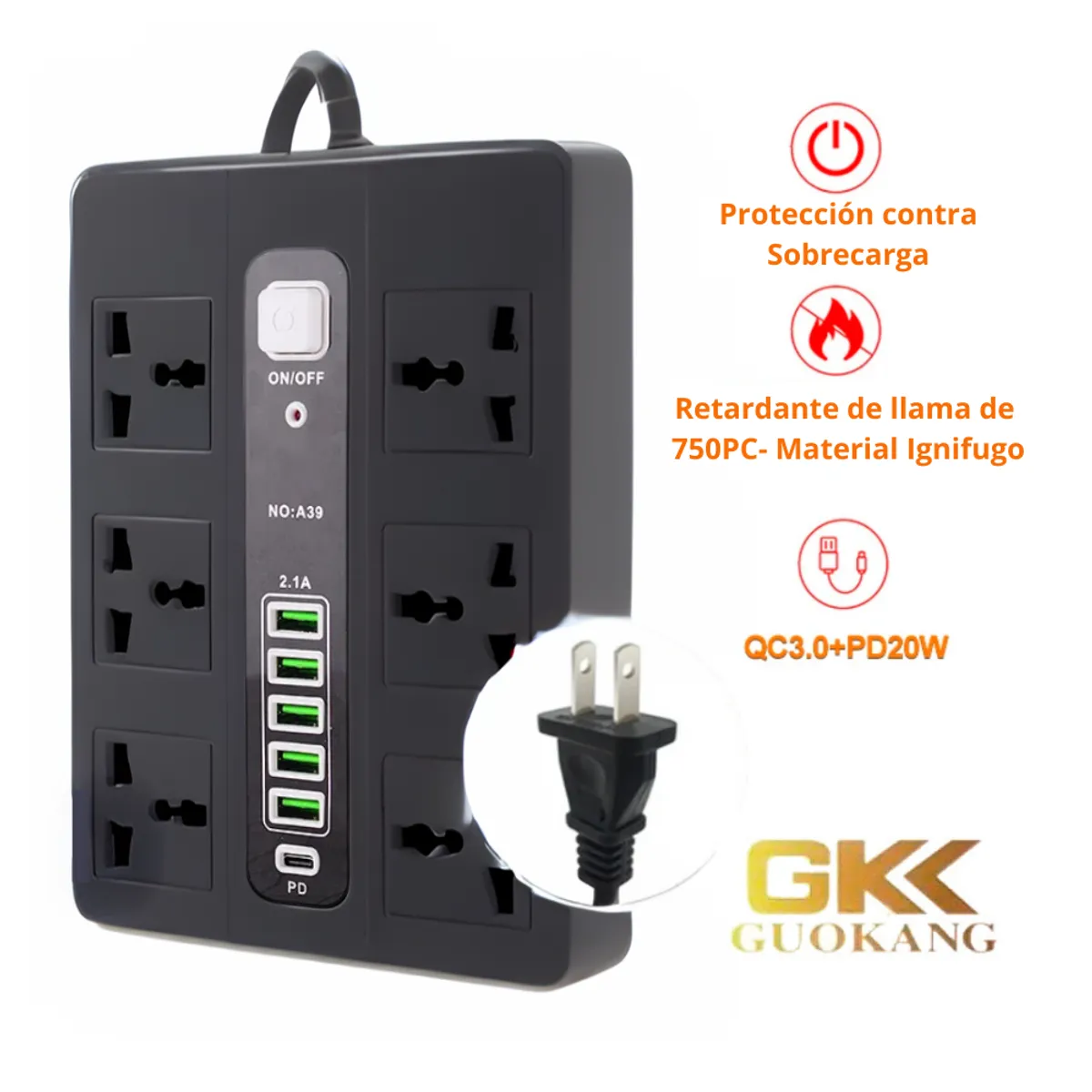 SEISA - Extension Electrica Alargador 6 Puertos Toma Corriente 5 Entradas USB