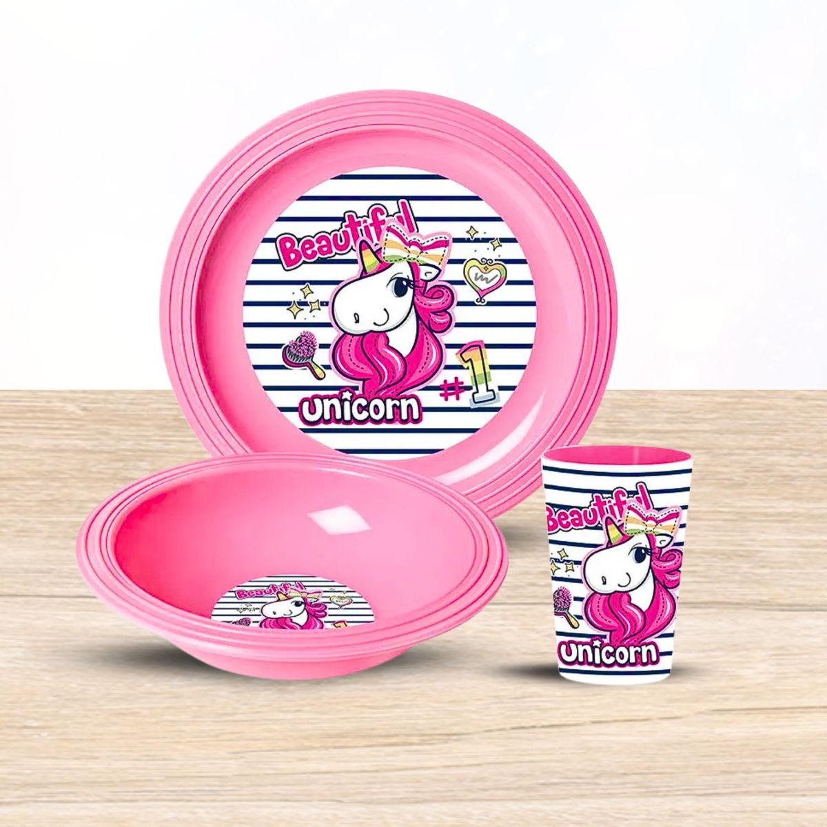 GENERICO - Set Plato + Vaso x 3 piezas - Diseño Unicornio