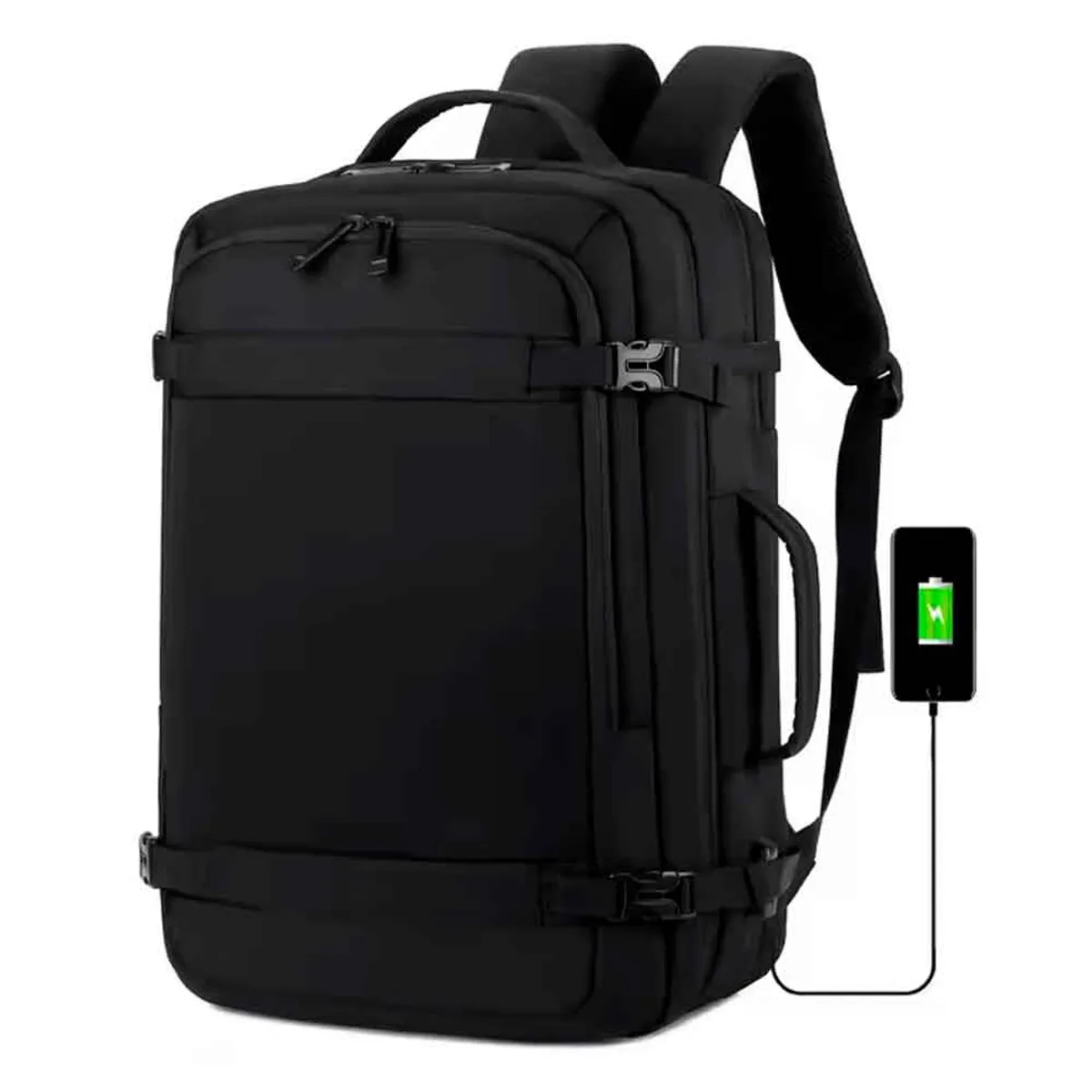 VARIOS - Mochila de Viaje Impermeable Ajustab Poliéster Puerto USB Negro Mod C