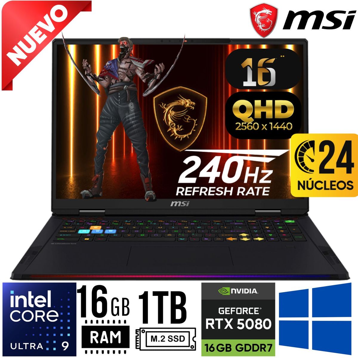 MSI - Laptop MSI Vector 16 HX AI A2XWIG 16" Ultra i9 275HX RAM 16GB SSD 1TB RTX 5080 16GB W11 Home