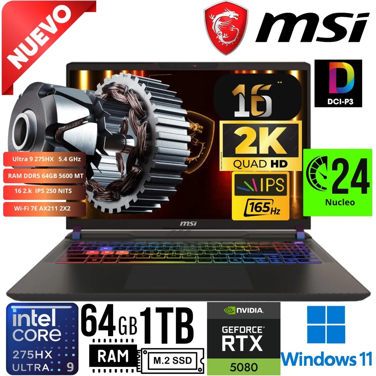 MSI - Laptop MSI VECTOR 16 HX AI A2XWIG 16"2K 164HZ Ultra i9 275HX RAM 64GB. SSD 1TB.  RTX 5080 16GB W11