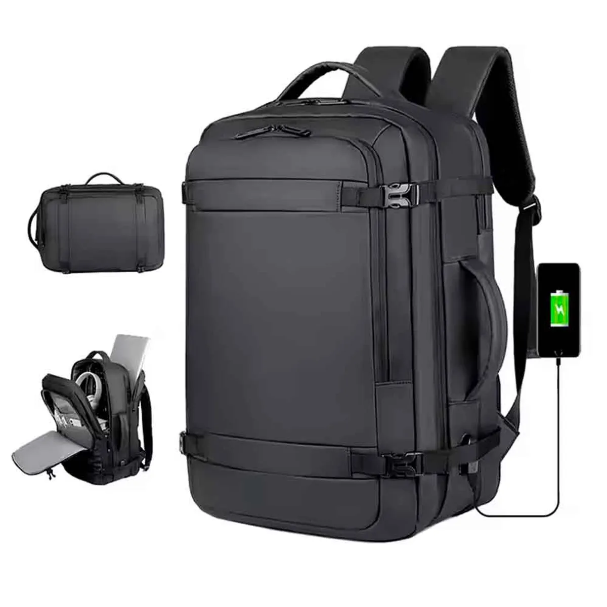 VARIOS - Mochila de Viaje Impermea 180° Cuero Sintético Puerto USB Negro Mod B