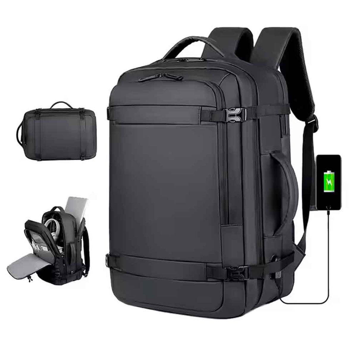 VARIOS - Mochila de Viaje Impermea 180° Cuero Sintético Puerto USB Negro Mod B