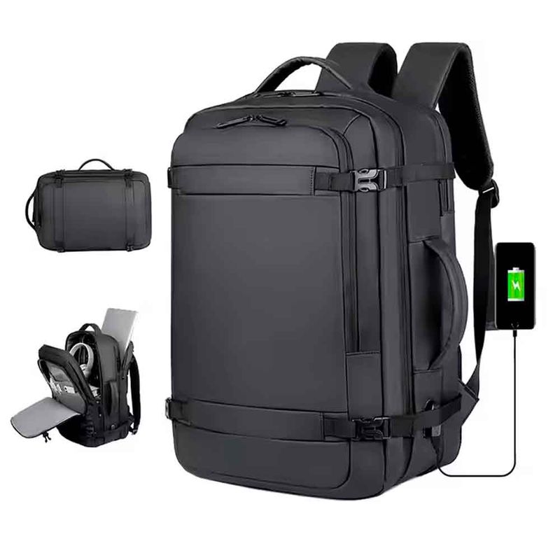 VARIOS - Mochila de Viaje Impermea 180° Cuero Sintético Puerto USB Negro Mod B