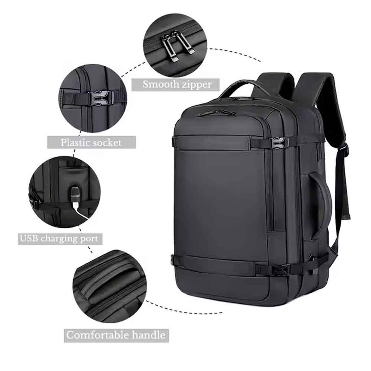 VARIOS - Mochila de Viaje Impermea 180° Cuero Sintético Puerto USB Negro Mod B