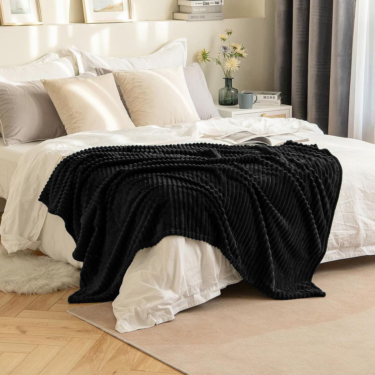 GENERICO - manta de franela de microfibra de felpa con diseño de rayas negro