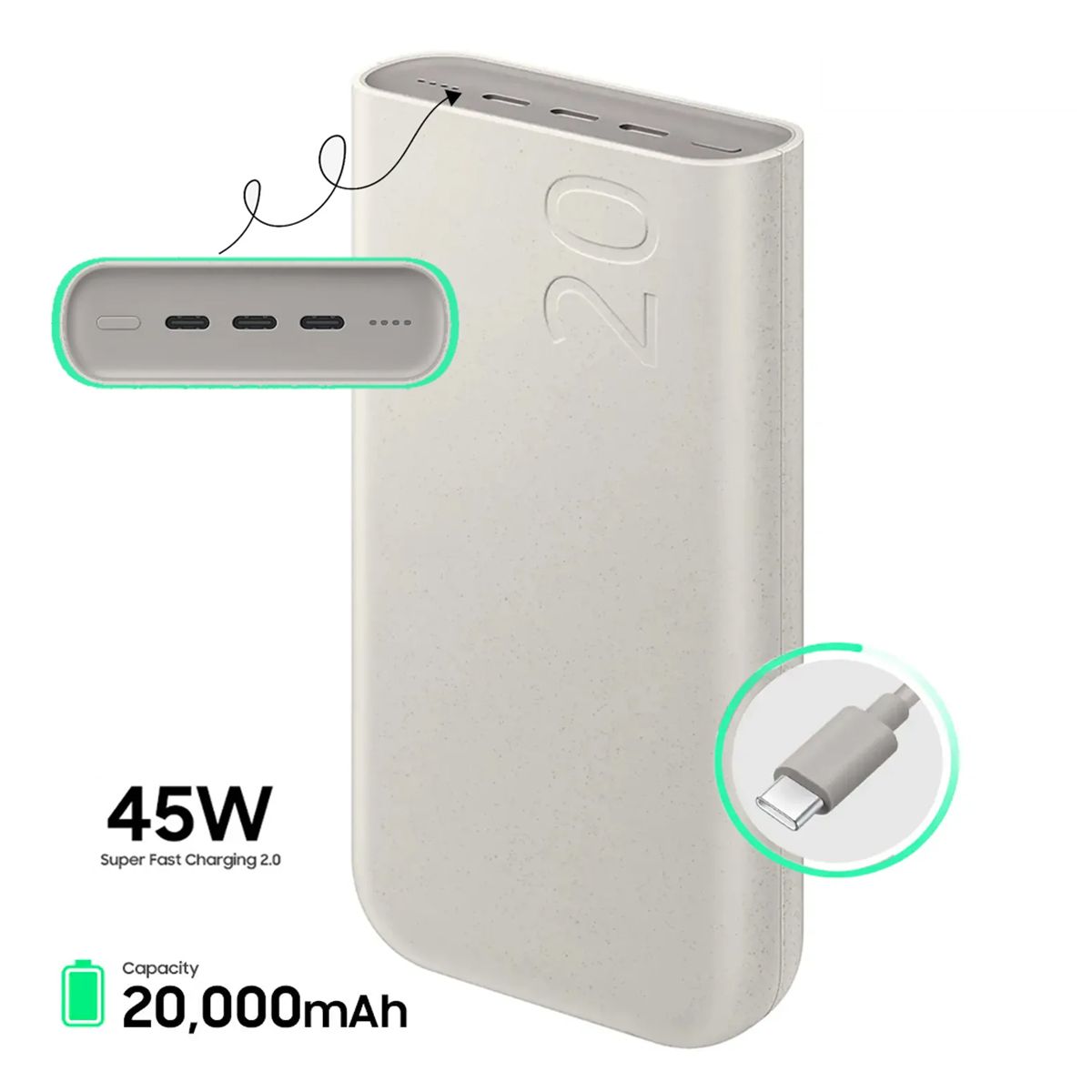 SAMSUNG - Power Bank Samsung 45W 3x USB-C PD 20 000 mAh Beige