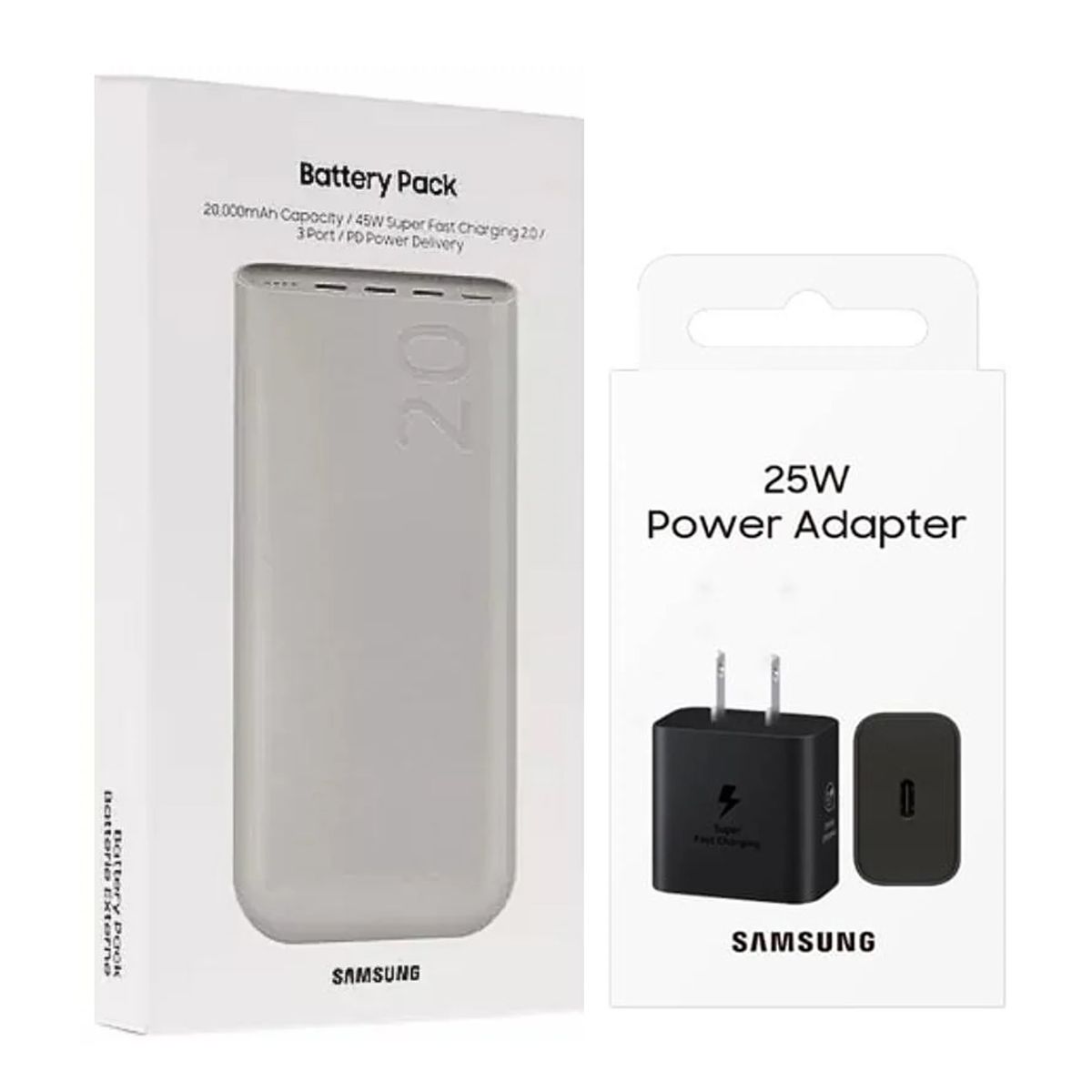 SAMSUNG - Cargador Power Bank 20000mAh Beige + Adaptador 25W GAN Negro