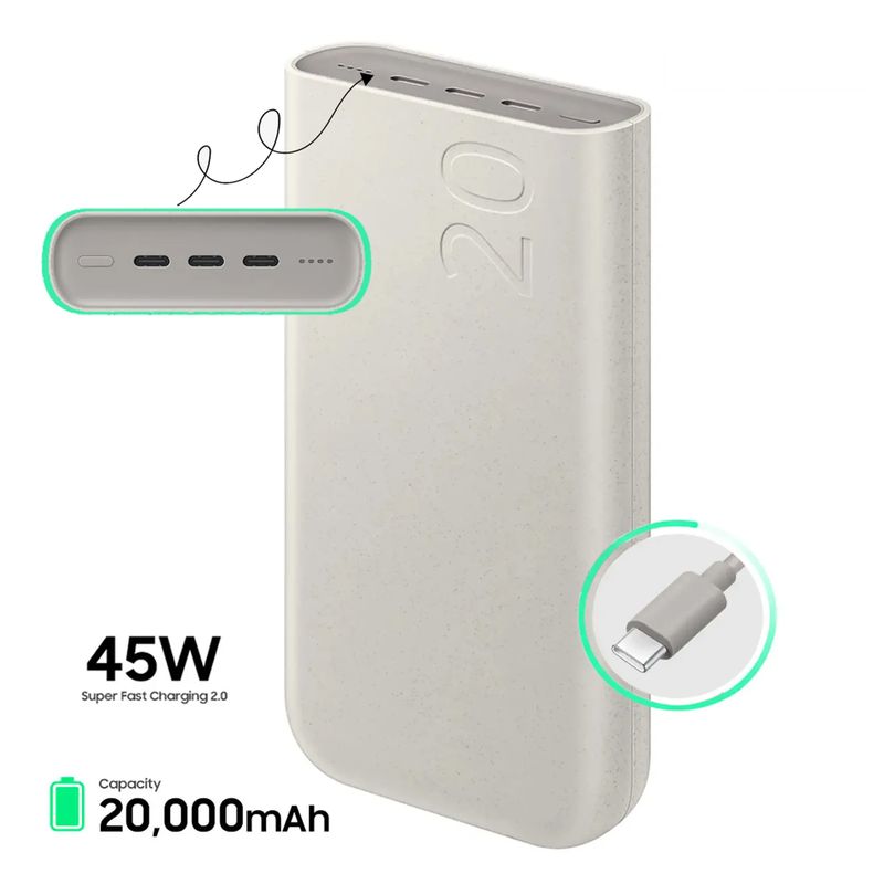 SAMSUNG - Power Bank Samsung 45W 3x USB-C PD 20 000 mAh Beige