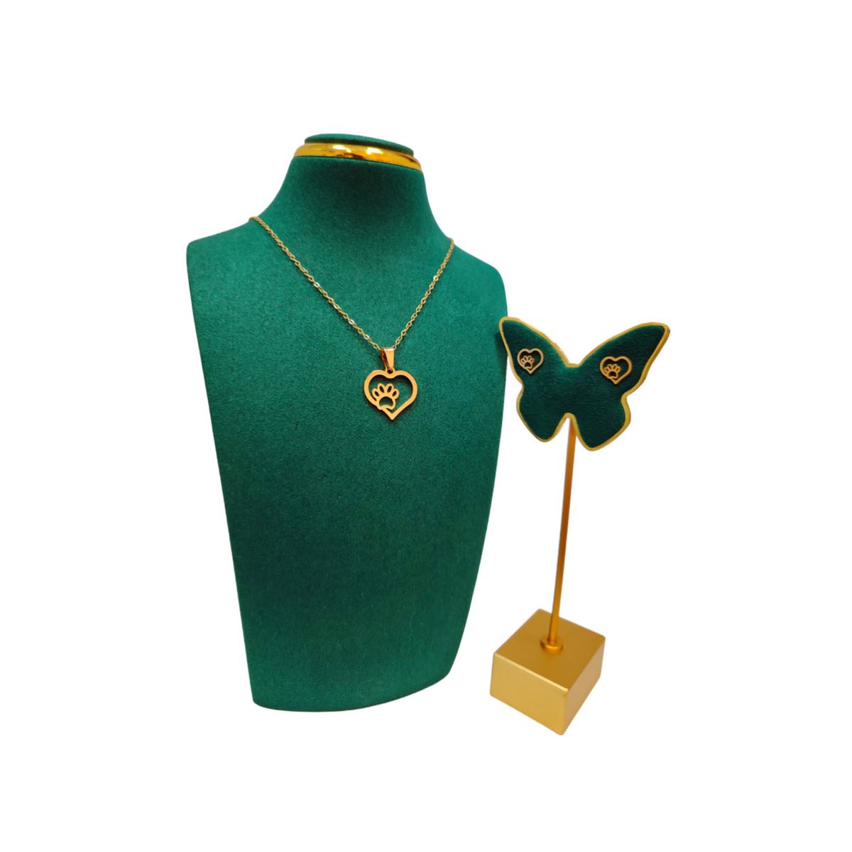 GENERICO - Pack Acero Collar con dije y Aretes - Corazon y Patita de Perro Dorada