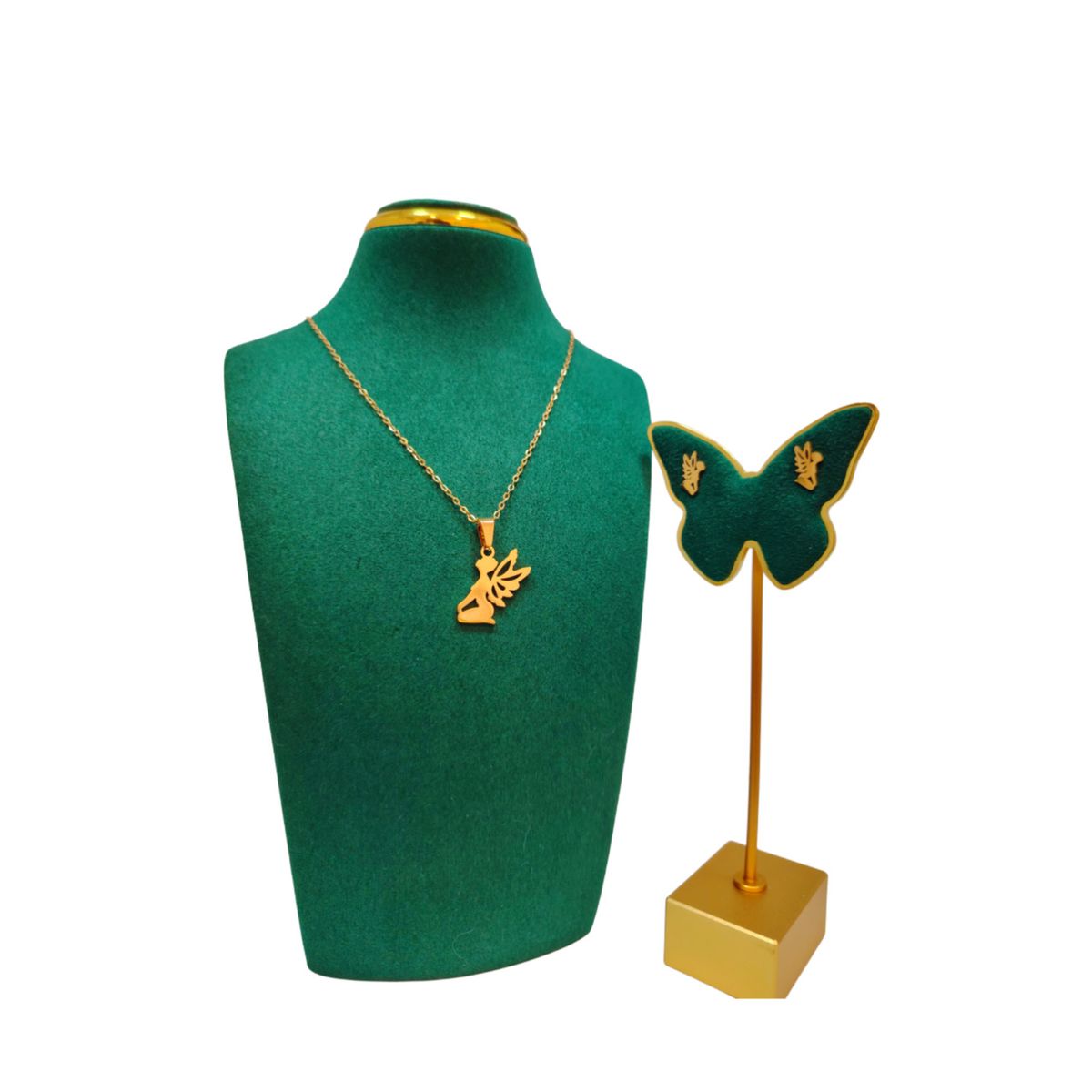 GENERICO - Pack Acero Collar con dije y Aretes - Hada Arrodillada Dorada