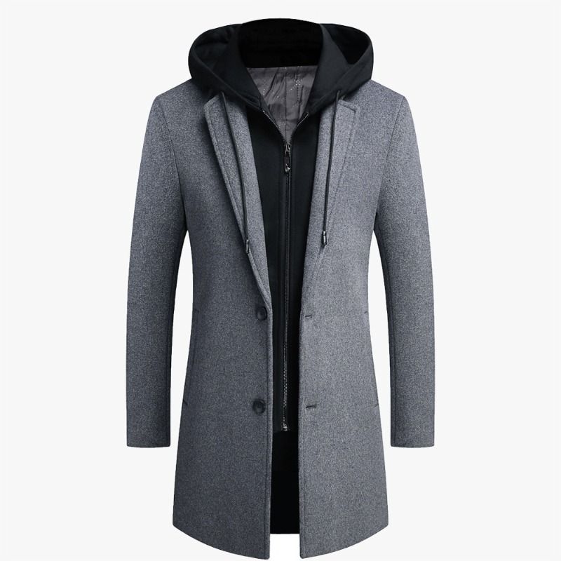 GIOIO - Chaqueta Lana Gruesa 75cm Capucha Desmontable Corte Asiático Urbano​