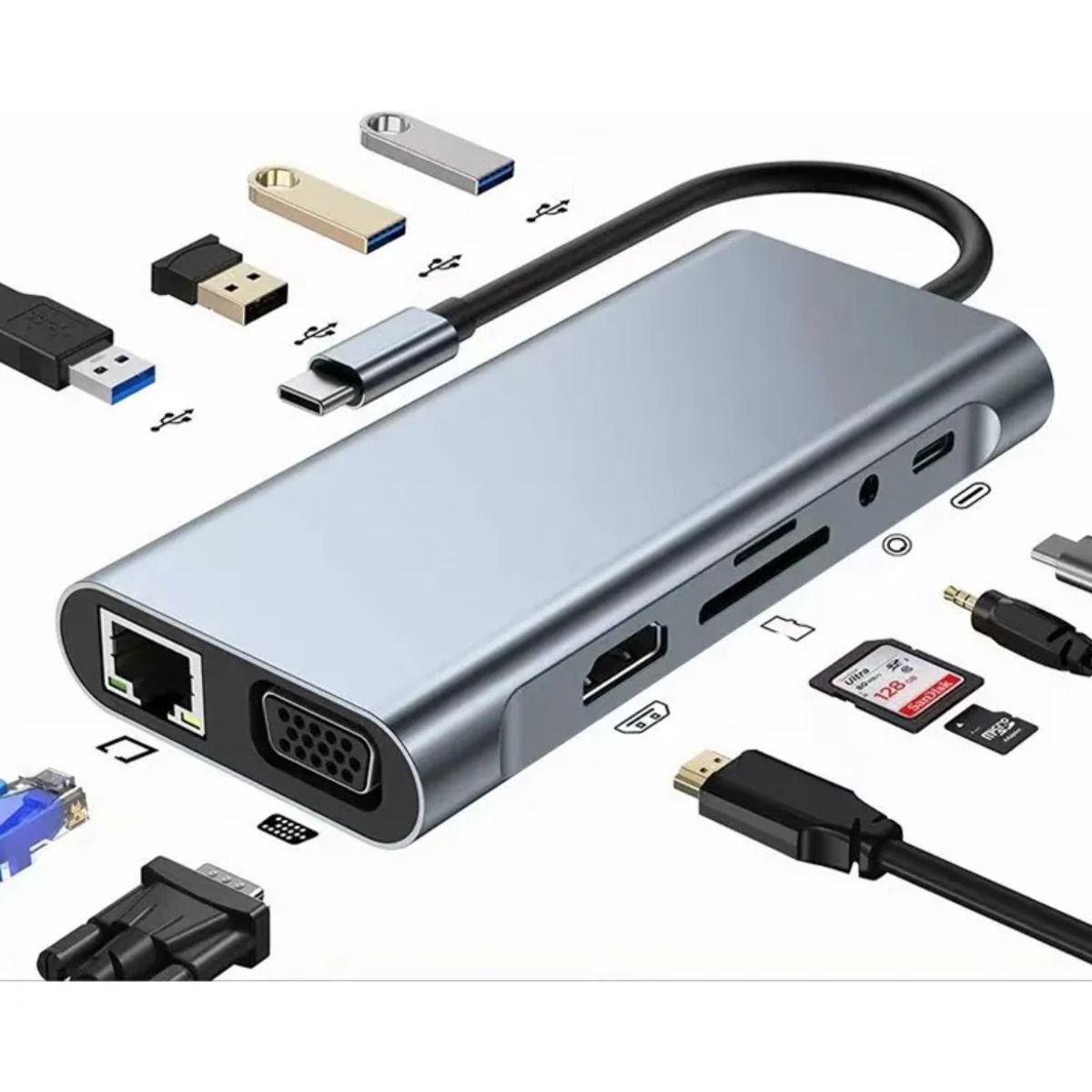 GIOIO - 11 En 1 Usb-c To Hdtv +vga+lan+usb+tf+sd+pd+audio