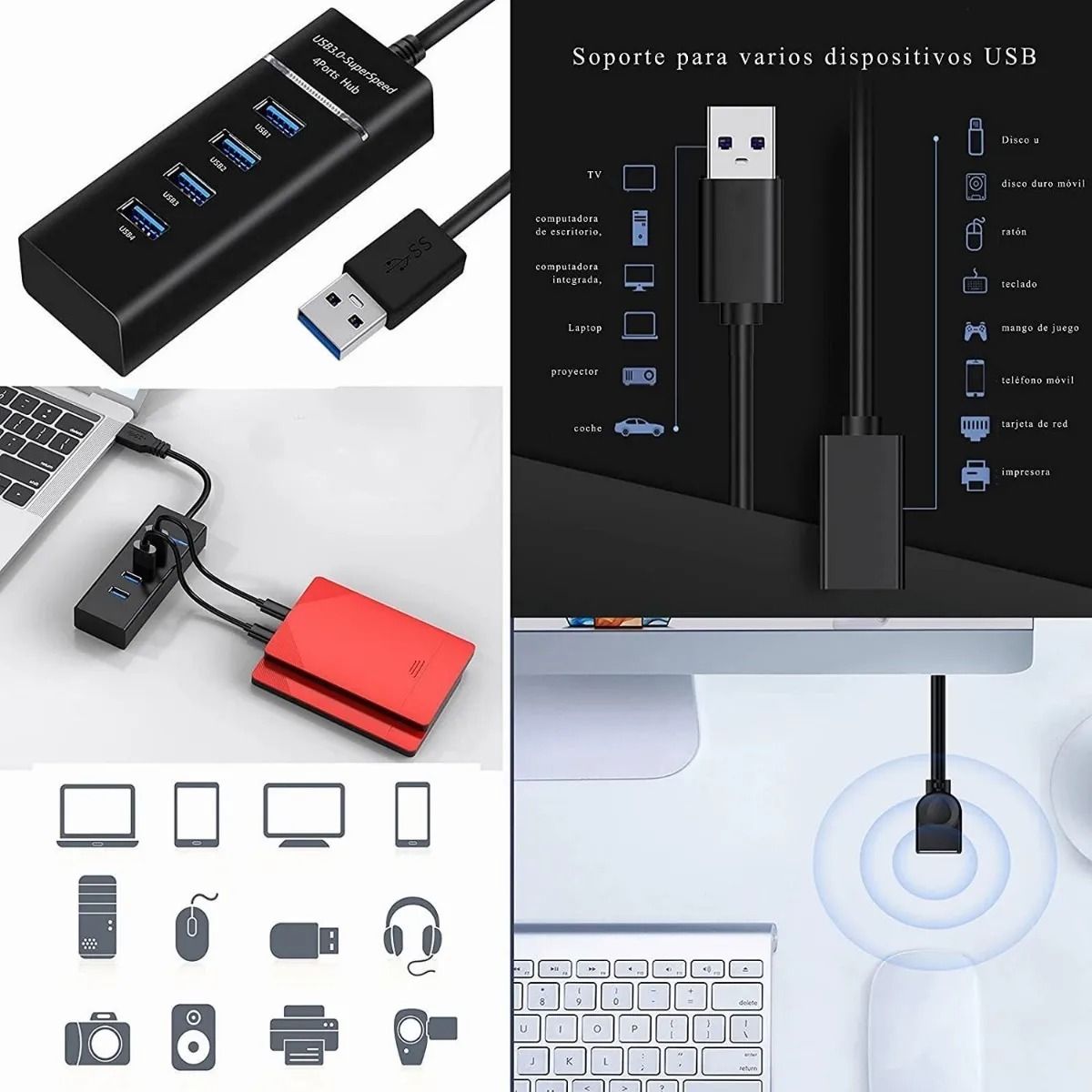 GIOIO - Hub Usb 30 4 Puertos Expansor Multi Para Laptop Pc 4 En 1