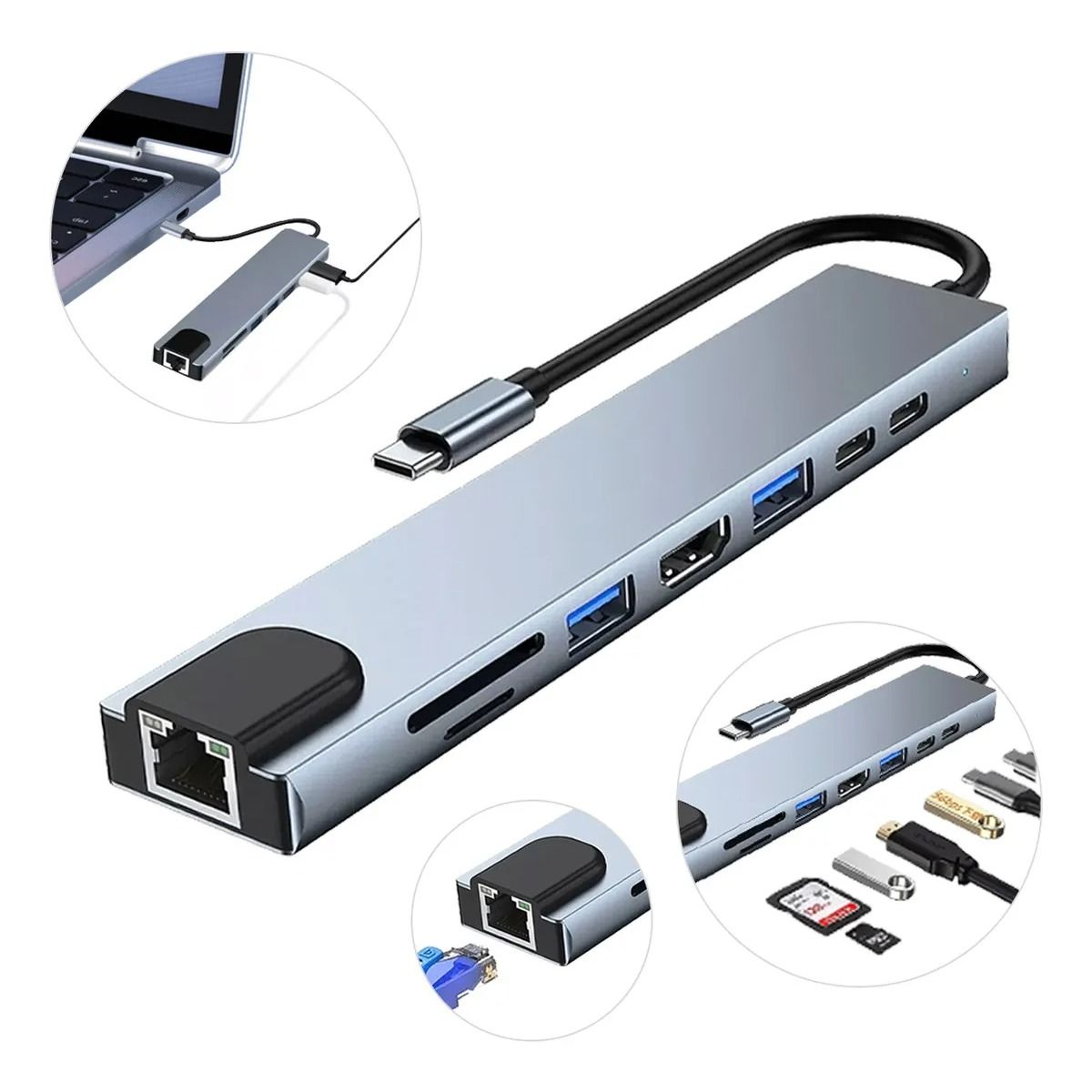 GIOIO - Adaptador Hub 8 En 1 Tipo C Hdmi Puerto Land Usb Mac Y Pc Sd